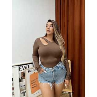 chubby babe big size high pop slim sexy hollow out long sleeve top