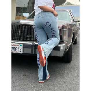 chubby babe Large Size High waist micro embroidered letter color combination elastic pants