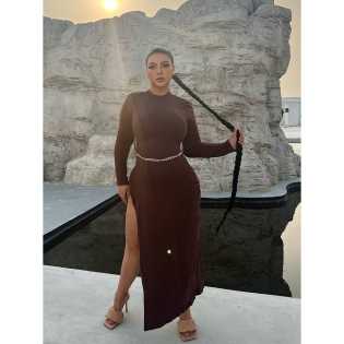 chubby babe European and American elastic temperament long-sleeved backless high slit sexy dress chubby babe European and American elastic temperament long-sleeved backless high slit sexy dress