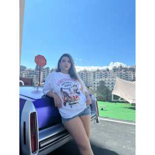 chubby babe American style retro print cotton crewneck design loose T-shirt