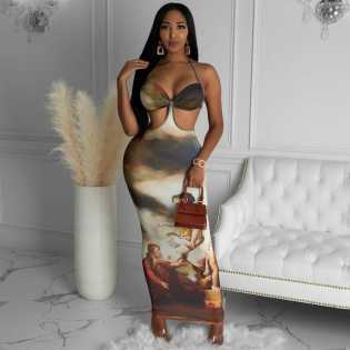 Europe and America's new halter vest waist hollowed out print dress female