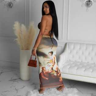 Europe and America's new halter vest waist hollowed out print dress female