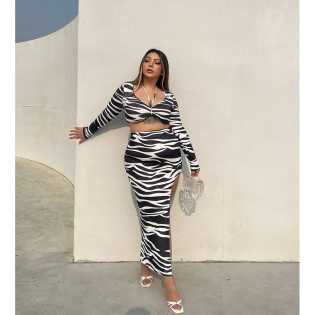 chubby babe plus-size European and American hottie sexy zebra pattern super elastic split dress