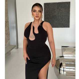 chubby babe plus size European and American flame design mesh splicing hollow slit high elastic dres