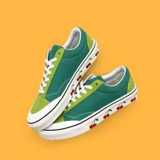SUPS green matching small cherry print low top canvas shoes leather all match casual unisex board sh