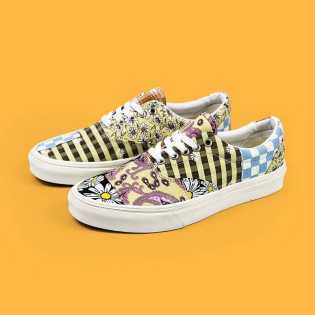 SUPS cashew flower unisex Small Daisy print patchwork asymmetrical two-duck low top canvas shoes
