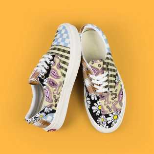 SUPS cashew flower unisex Small Daisy print patchwork asymmetrical two-duck low top canvas shoes